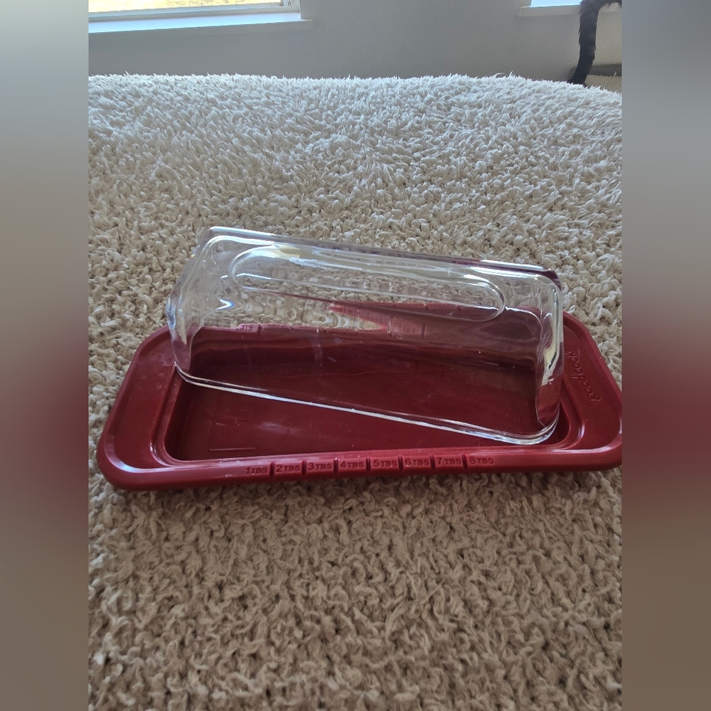 Red and Clear Glass Butter Dish